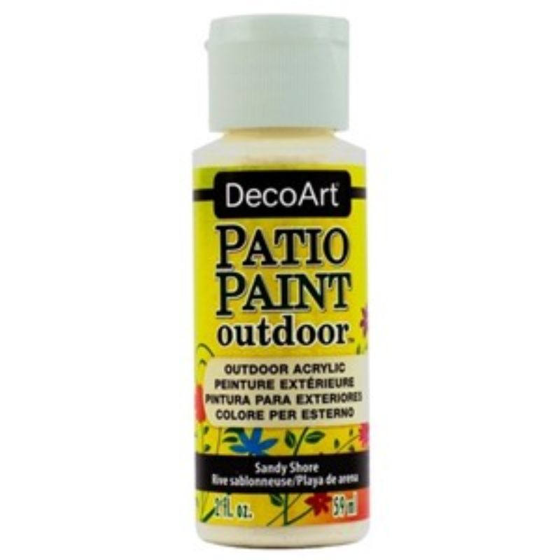2oz Sandy Shore patio paint for outdoor surfaces, perfect for revitalizing garden furniture and decks with a coastal charm.