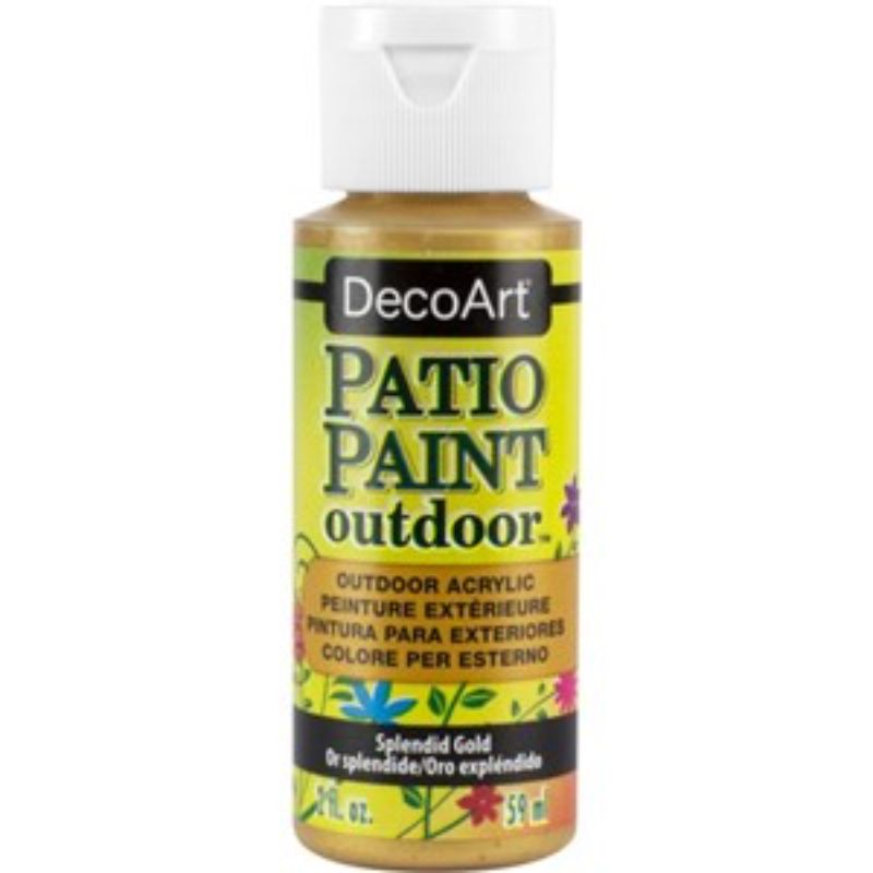 Metallic patio paint in Splendid Gold, perfect for outdoor DIY projects and enhancing surfaces with a vibrant sheen.