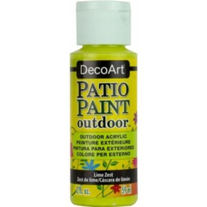 Vibrant 2oz Lime Zest patio paint, perfect for transforming outdoor furniture and decor with a weather-resistant finish.