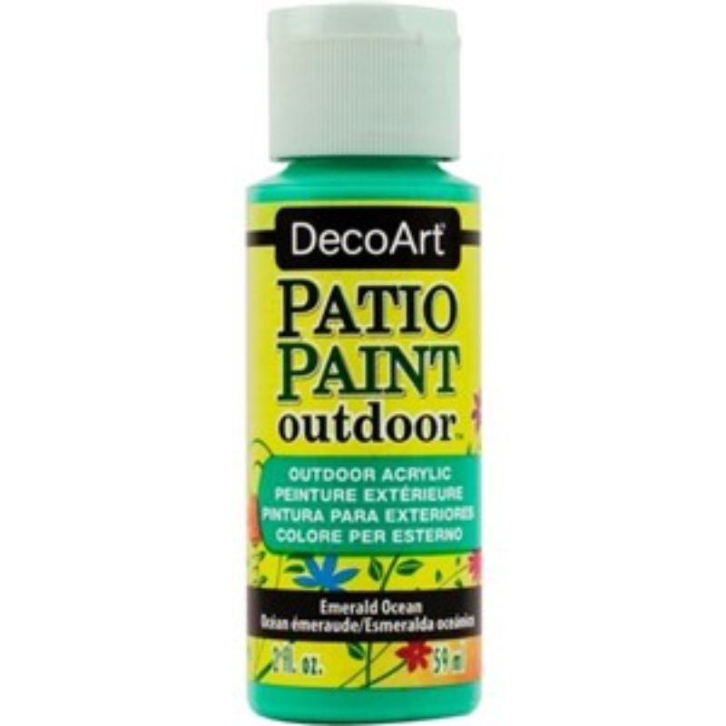 2oz container of water-resistant Patio Paint in Emerald Ocean for renewing outdoor furniture and decor.