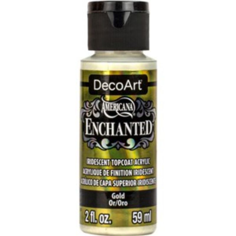 Decoart Enchanted 2oz Gold paint showcasing a shimmering, color-shifting effect ideal for various creative projects.