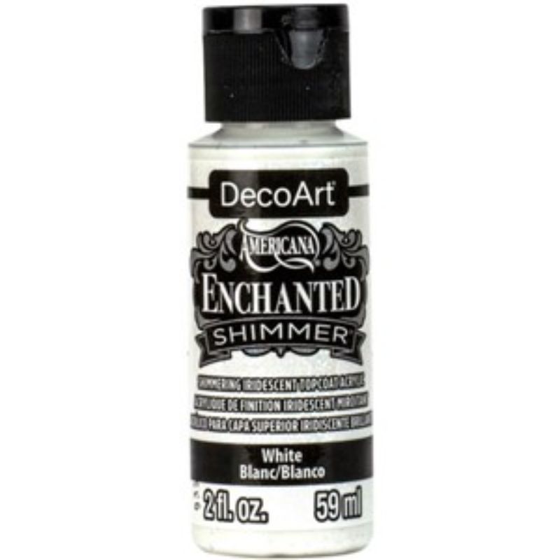 Americana Ench Shimmer 2oz in White, a versatile quick-drying paint for adding iridescent elegance to various craft projects.