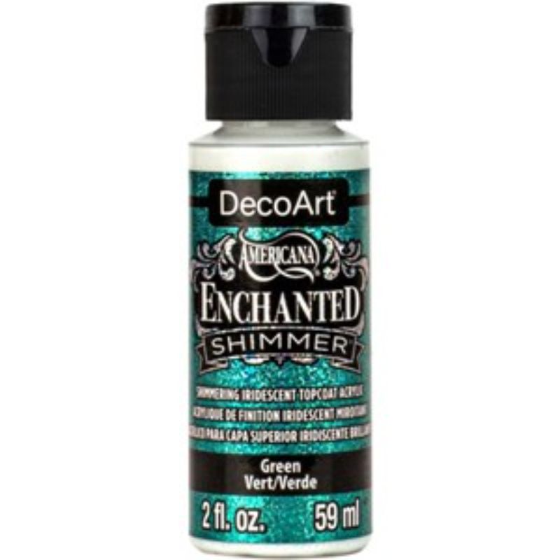 Americana Enchanted Shimmer 2oz Green paint, featuring iridescent particles for a butterfly-like shimmering finish.
