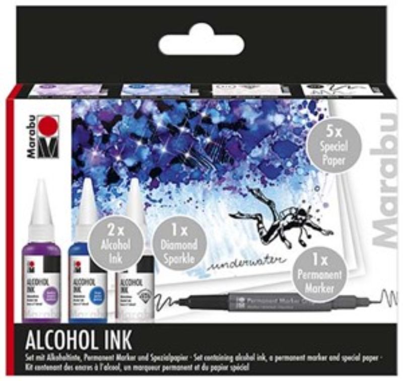 Marabu Alcohol Ink Set Underwater featuring vibrant, quick-drying inks for creating ethereal art on non-absorbent surfaces.