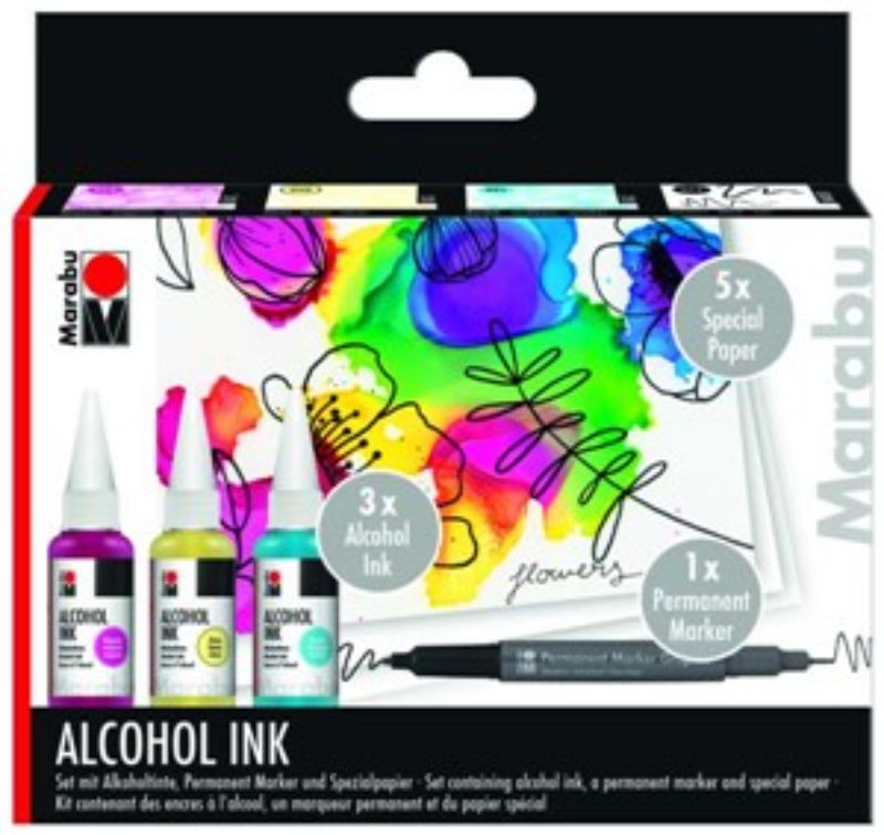 Marabu Alcohol Ink Set Flowers featuring vibrant colors for artistic projects on non-absorbent surfaces, including diamond tones.