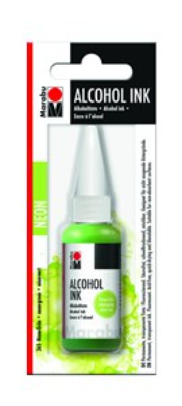 Marabu Alcohol Ink in Neon Green, 20ml bottle for vibrant, quick-drying, and permanent mixed media art on non-absorbent surfaces.