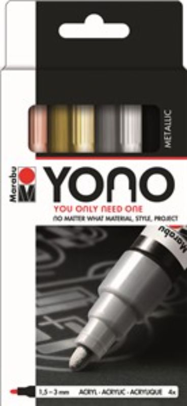 Marabu Yono Set 4 metallic bullet markers in vibrant colors, perfect for crafting and detailed designs on various surfaces.