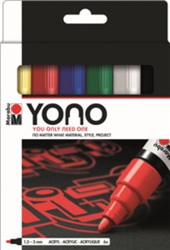 Marabu Yono Set of 6 Bullet Markers for versatile acrylic art on various surfaces with rich, matte colors.
