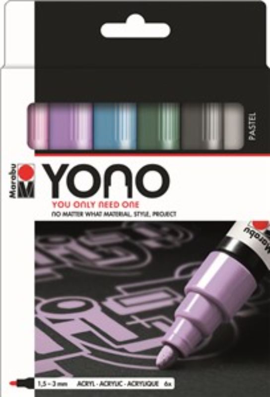 Marabu Yono Set 6 Bullet Pastel markers in soft shades, ideal for precise details and vibrant artwork on various surfaces.