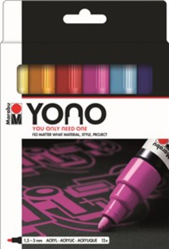 Marabu Yono Set of 12 Bullet Markers in vibrant matte colors for artists on various surfaces, ideal for creative projects.
