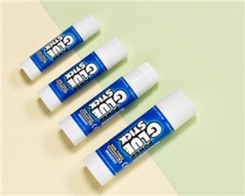 Pack of 12 Power Glue Sticks, 25g each, in blue, ideal for paper, fabric, and craft projects, non-toxic and washable.