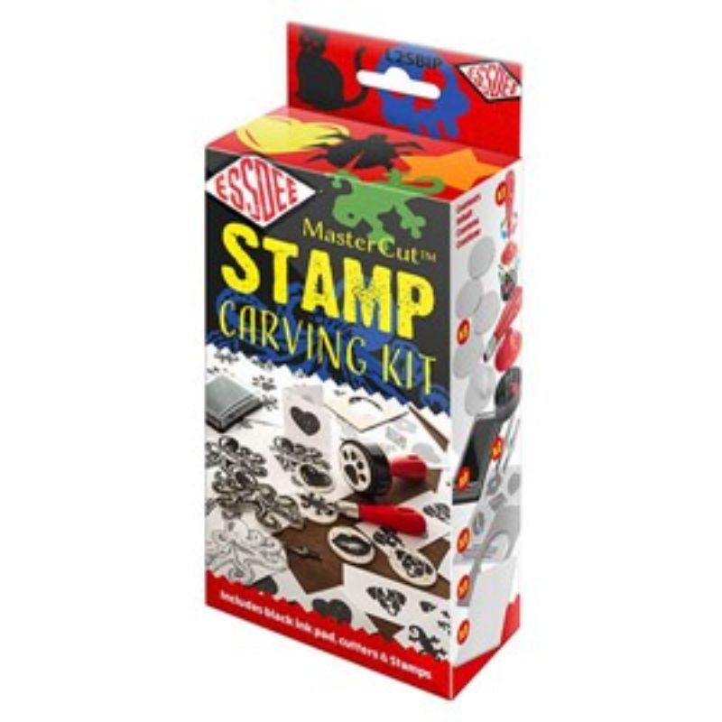 Essdee Mastercut Stamp Carving Kit for creating custom stamps, includes tools, ink pad, and 5 self-adhesive printing stamps.