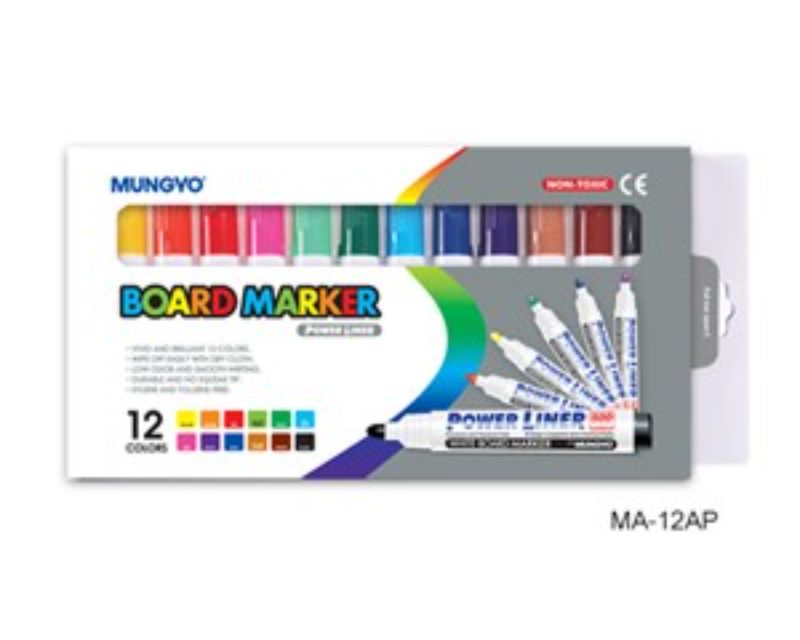 Mungyo White Board Marker Set of 12 with chisel tips for vibrant colors and versatile writing on whiteboards.
