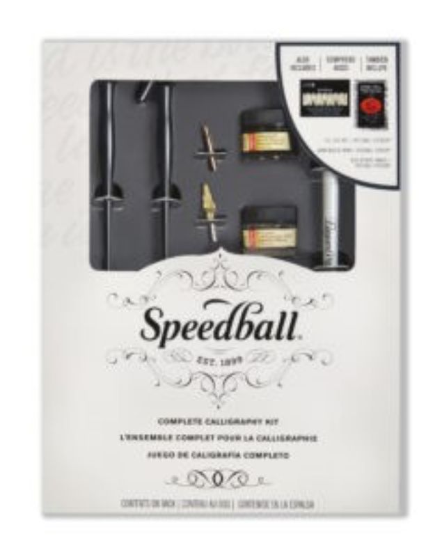 Complete calligraphy kit with pens, nibs, practice pad, vibrant inks, and instructional textbook for beautiful lettering.