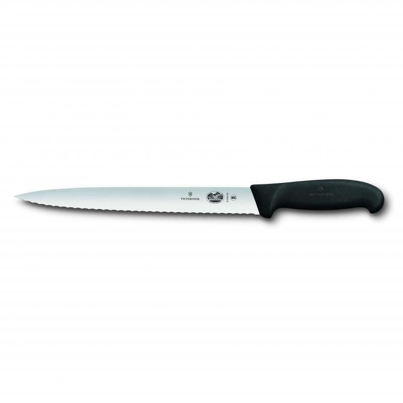 Victorinox Slicing Knife Pointed Tip Wavy Edge Fibrox 25cm | Black
