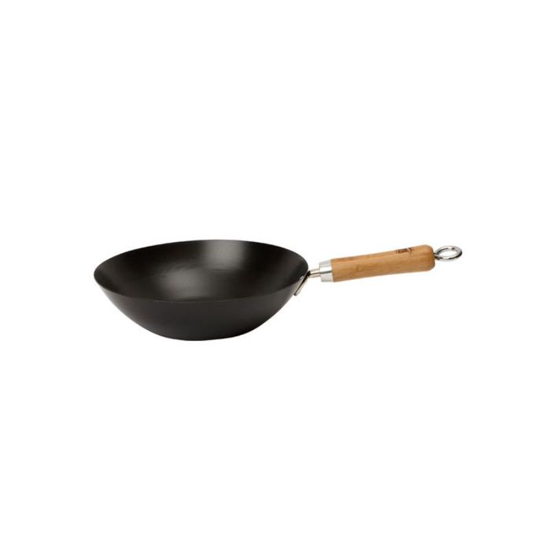 Durable 10.5" non-stick carbon steel wok for effortless cooking, ideal for stir-frying, deep frying, and easy cleanup.