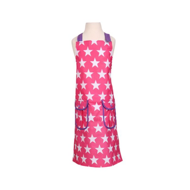 Vibrant Dexam pink star PVC apron for kids, featuring adjustable strap and pockets for cooking and messy play.