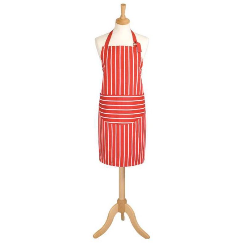 Classic red butcher's stripe apron, 75cm, made of durable cotton with adjustable necktie and spacious front pocket.