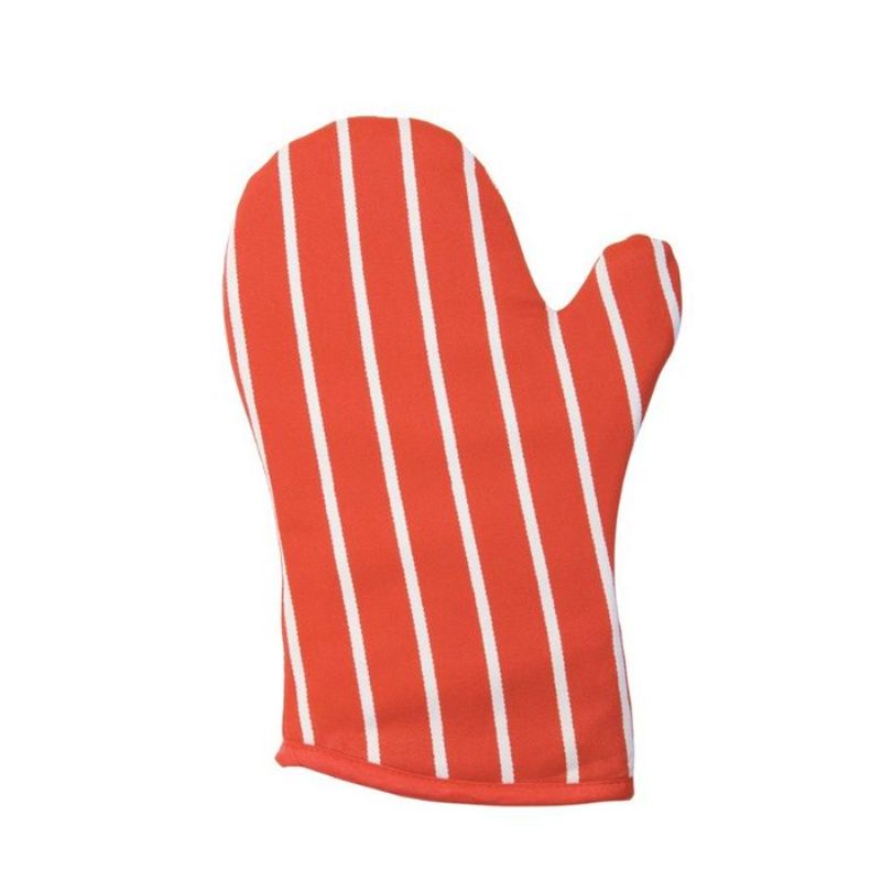 Red 30cm gauntlet with classic butcher stripes, ideal for safe handling of hot dishes in the kitchen.