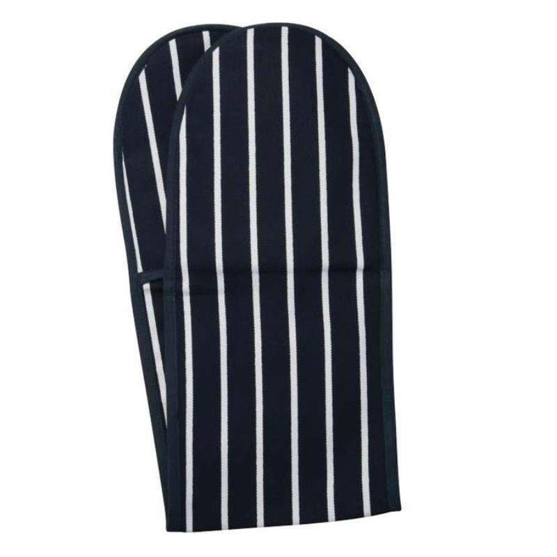 Navy double oven glove with classic butchers stripes, 100% cotton, 86cm, provides heat protection and style in the kitchen.