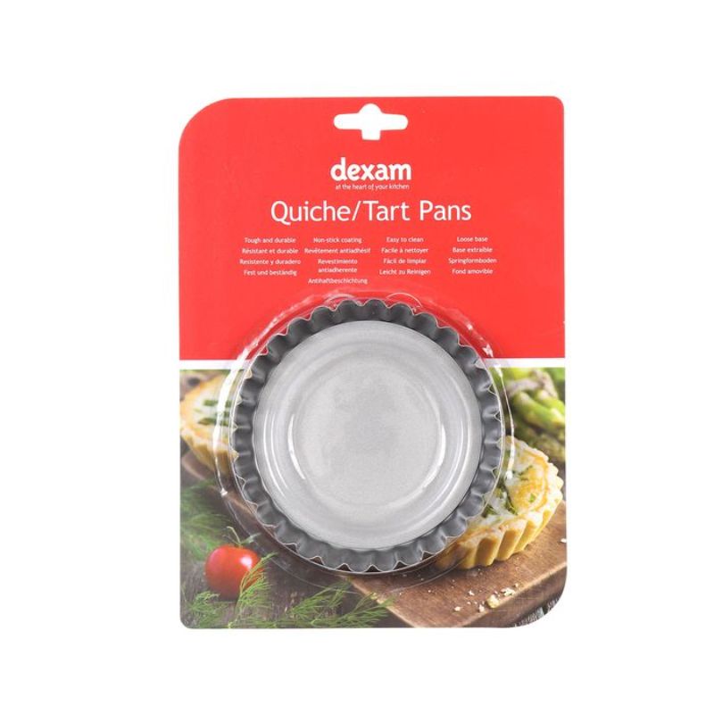 Non-stick 12cm mini quiche tins, set of four with easy-release bases for effortless baking and serving.