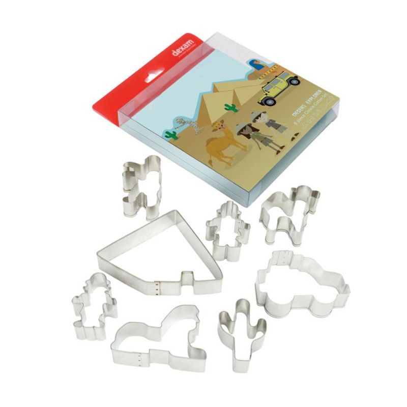 Set of 8 Dexam Desert Explorer cookie cutters featuring fun shapes like a Jeep, Camel, and Pyramid, perfect for adventurous baking.