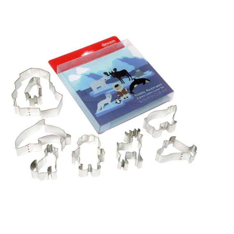 Dexam Iceberg Adventures Cookie Cutters set of 8, featuring fun shapes like Fox, Whale, and Penguin for festive baking.