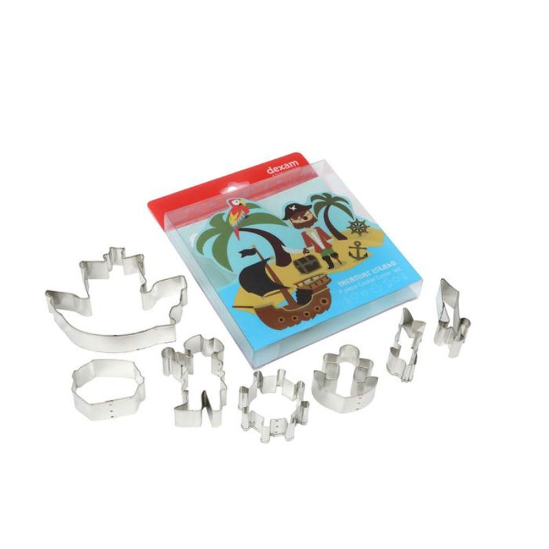 Set of 7 Dexam Treasure Island cookie cutters featuring shapes like a parrot, pirate ship, and treasure chest for themed baking.