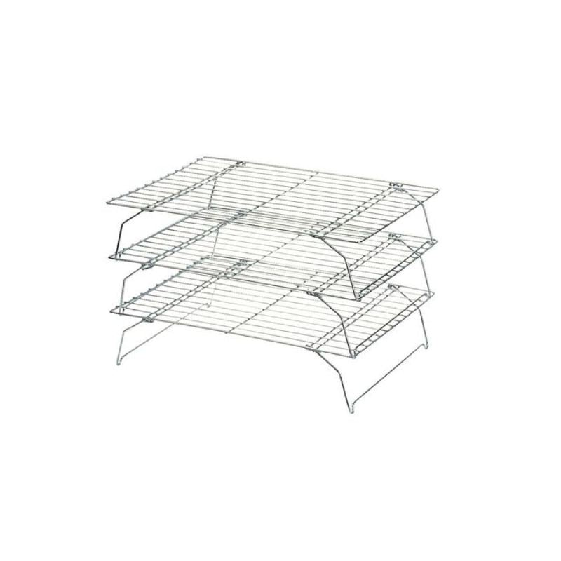 Set of 3 stackable cooling racks, ideal for cooling baked goods efficiently, 34cm x 25cm with 7.5cm tier depth.