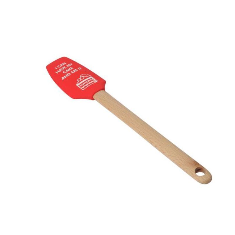 Red silicone spatula with a beech wood handle, heat-resistant and versatile for baking and cooking.