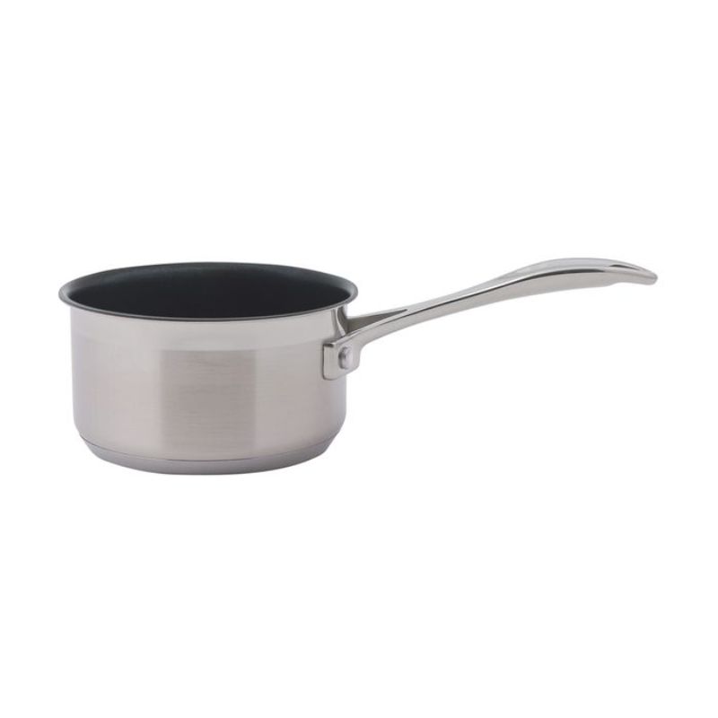 Dexam Non Stick Milk Pan (1L) in stainless steel with a non-stick coating, ideal for simmering and easy cleanup.