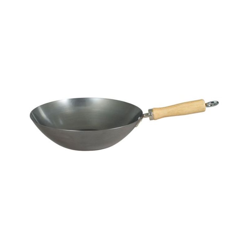 27cm carbon steel wok with wooden handle, ideal for stir-frying and sautéing on all hob types.