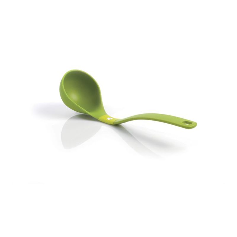 Vibrant green 34.5cm nylon ladle with innovative design to keep the head off surfaces for mess-free cooking.