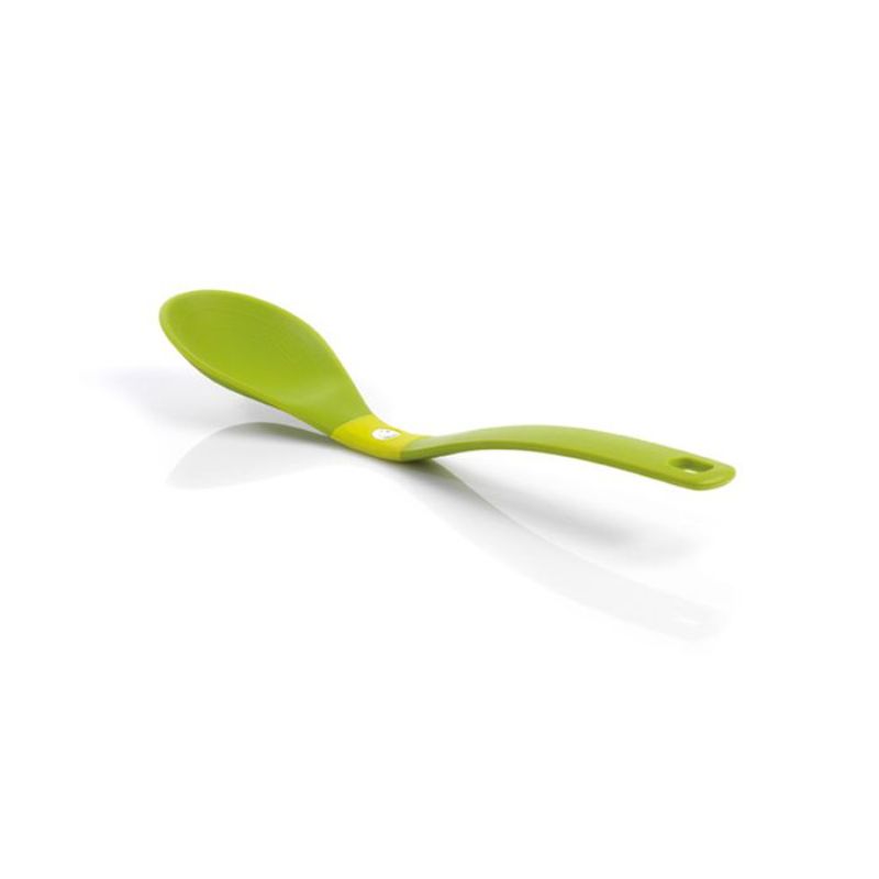 Durable 31.5cm green kitchen spoon with fiberglass reinforced nylon, prevents surface contact, and features embedded magnets.