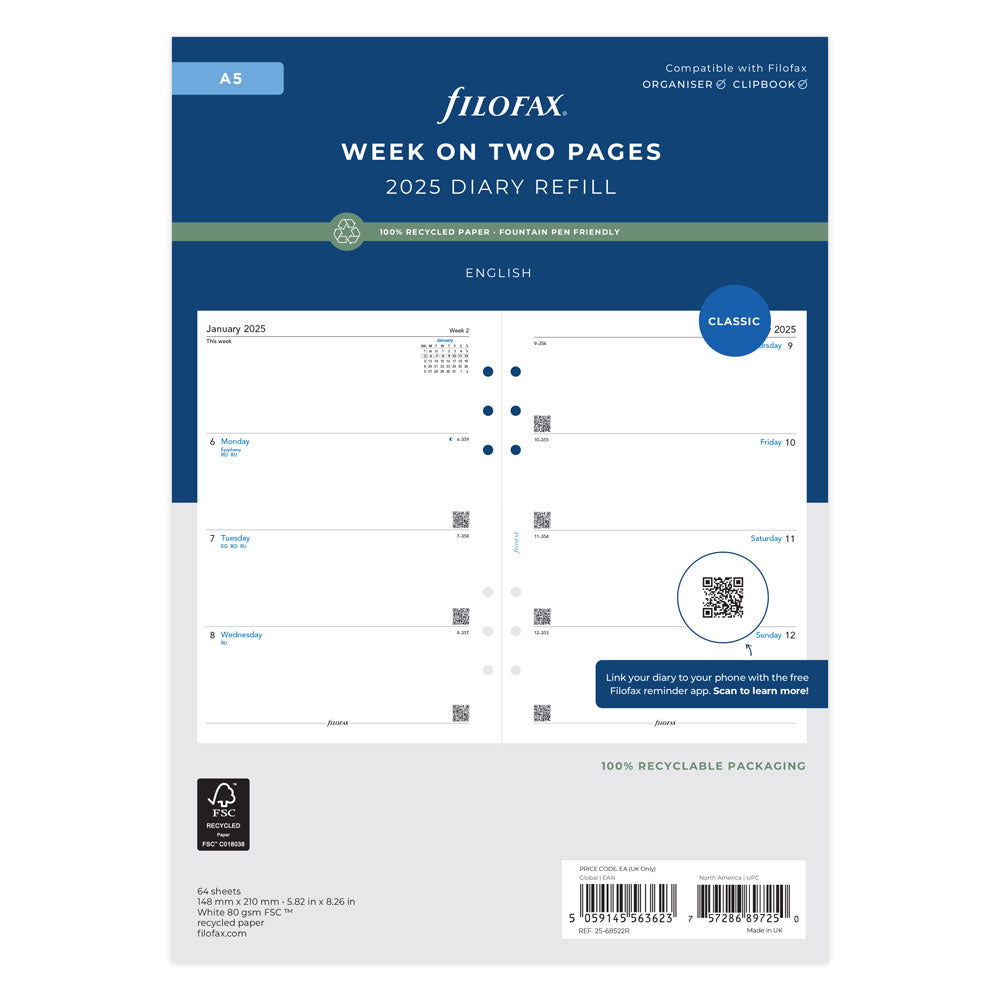 Filofax Classic Refill Recycled Week to View Diary A5 2025