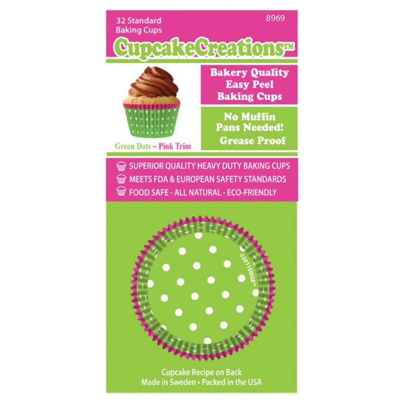 CUP CAKE CREATION STD GREEN DOTS PINK TRIM CUPCAKES 32PCS