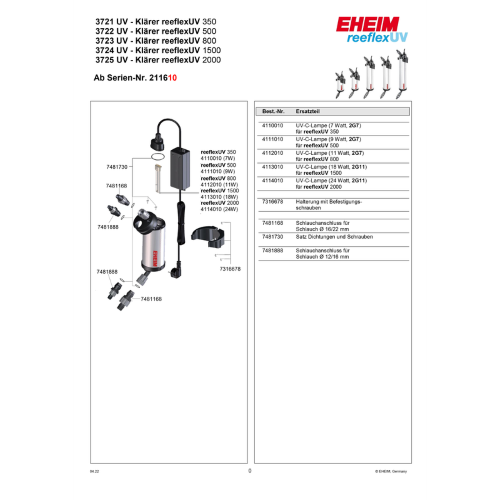 Aquatic UV Sterilizer Eheim UVC Lamp (4 pin) for Reeflex 1500