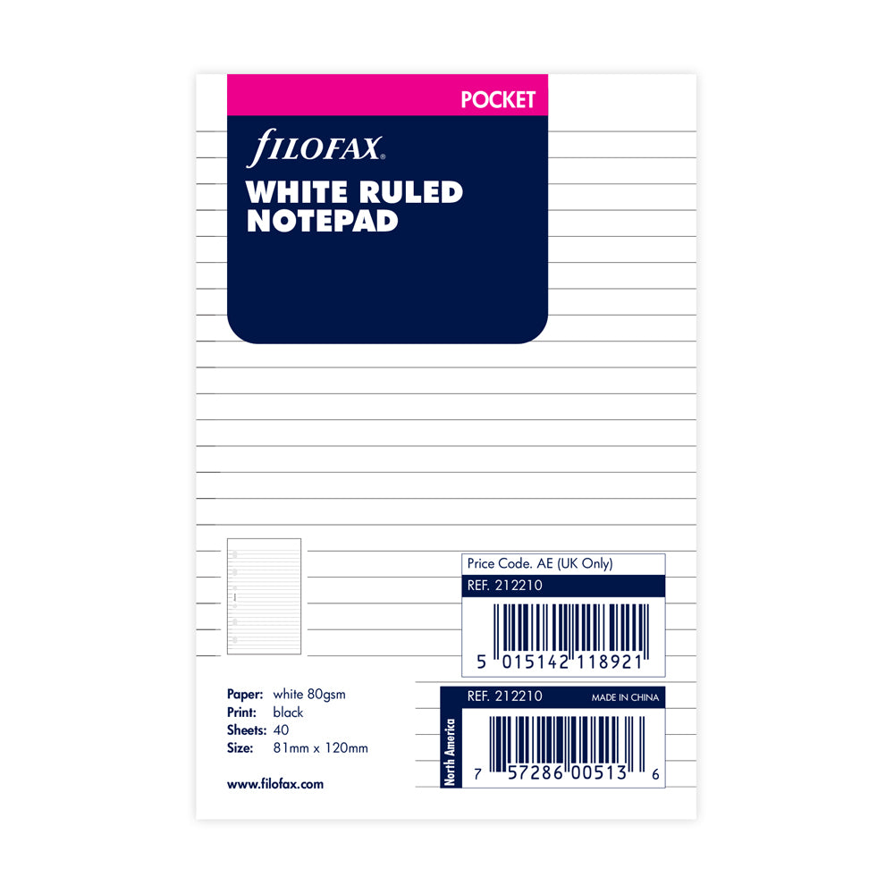 Filofax Organiser Refill Pocket Notepad Ruled White