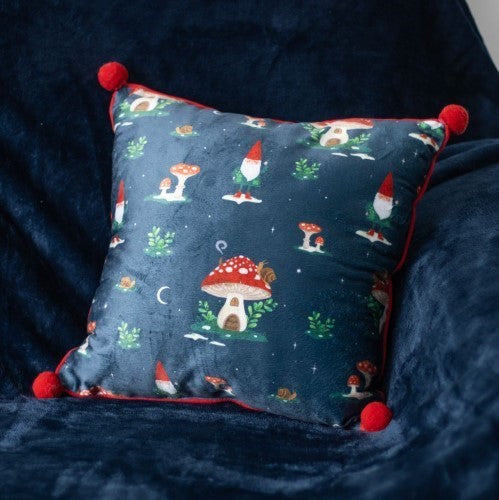 35cm Square Gnome Print Cushion with Pom Poms