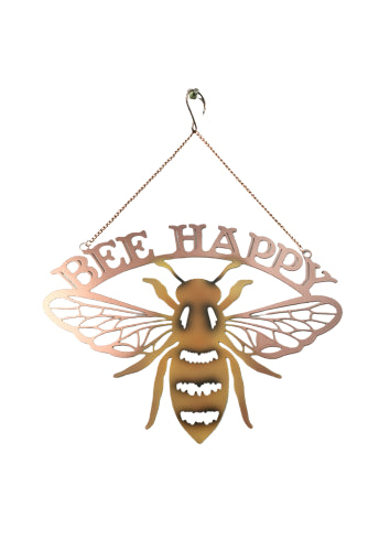 Bee Happy Welcome Sign - Metal Wall Hanging Bronze & Yellow