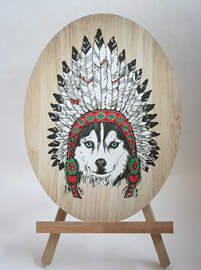 Tribal Husky wall art in oval plywood, eco-friendly, featuring an elegant husky design, perfect for home decor and gifts.