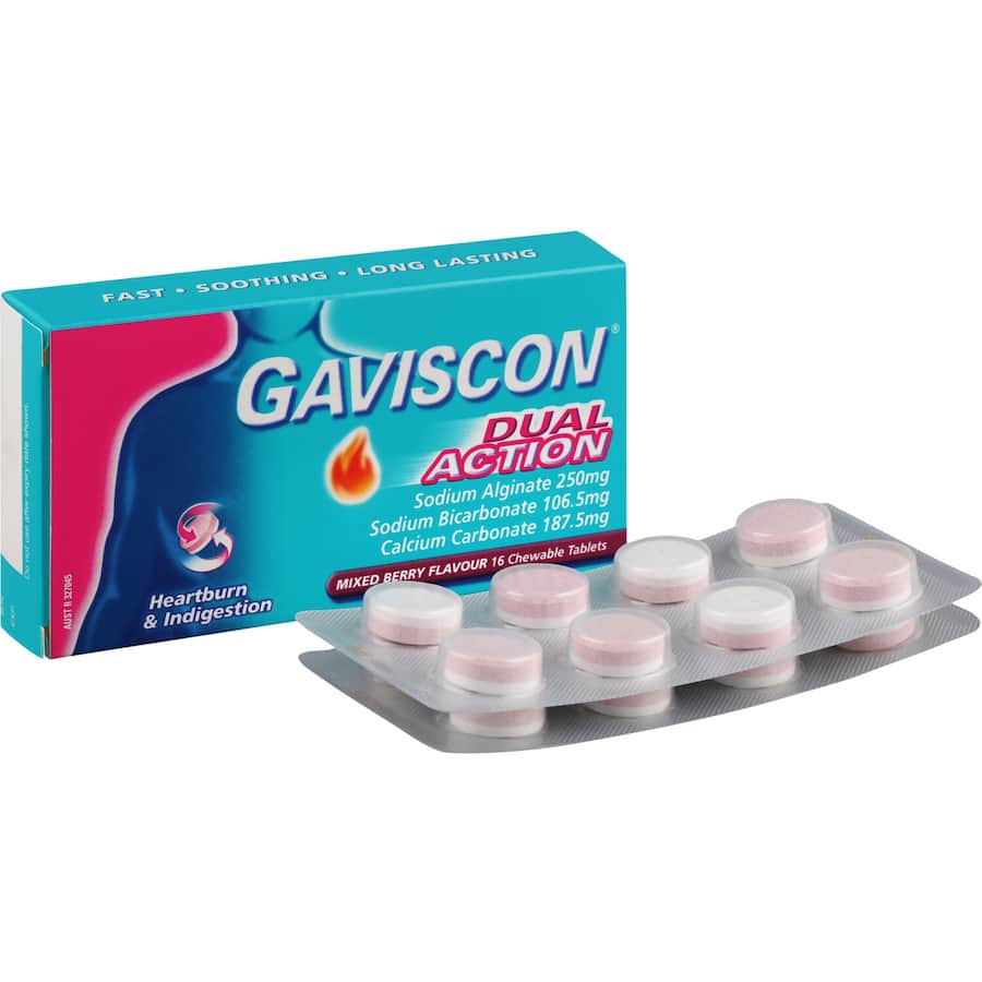 Gaviscon Dual Action Heartburn & Indigestion Relief Mixed Berry Chewable tablets 16pack
