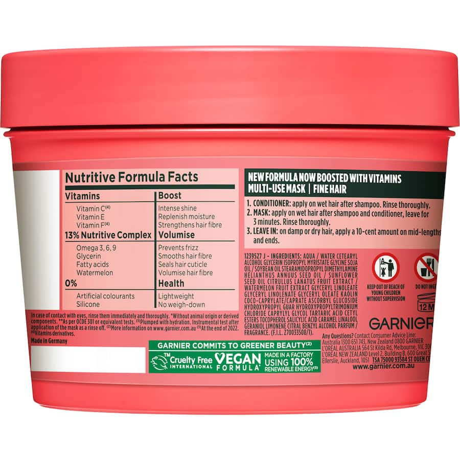 Garnier Fructis Volumising Hair Food Watermelon 3 In 1 Tub 390mL