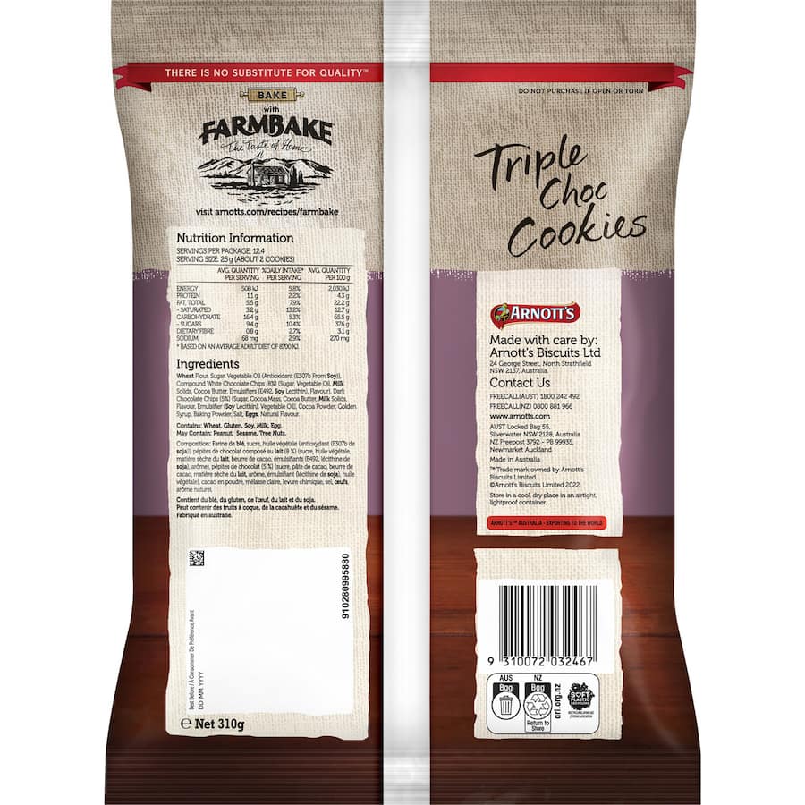 Arnotts Farmbake Cookies Triple Choc 310g