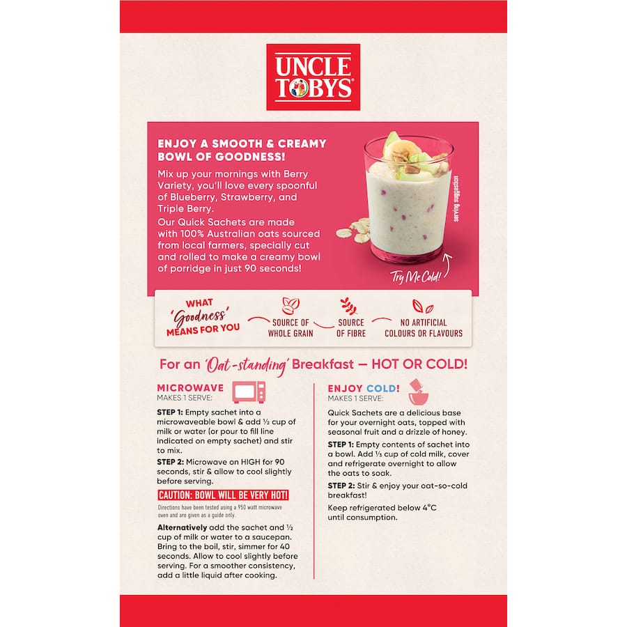 Uncle Tobys Oats Quick Sachets Berry Variety 10 pack 350g