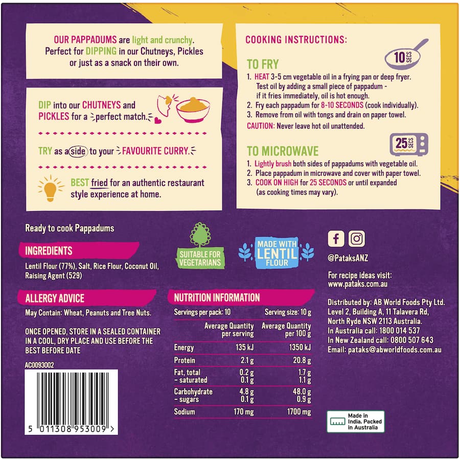 Pataks Pappadums Plain 10 pack 100g