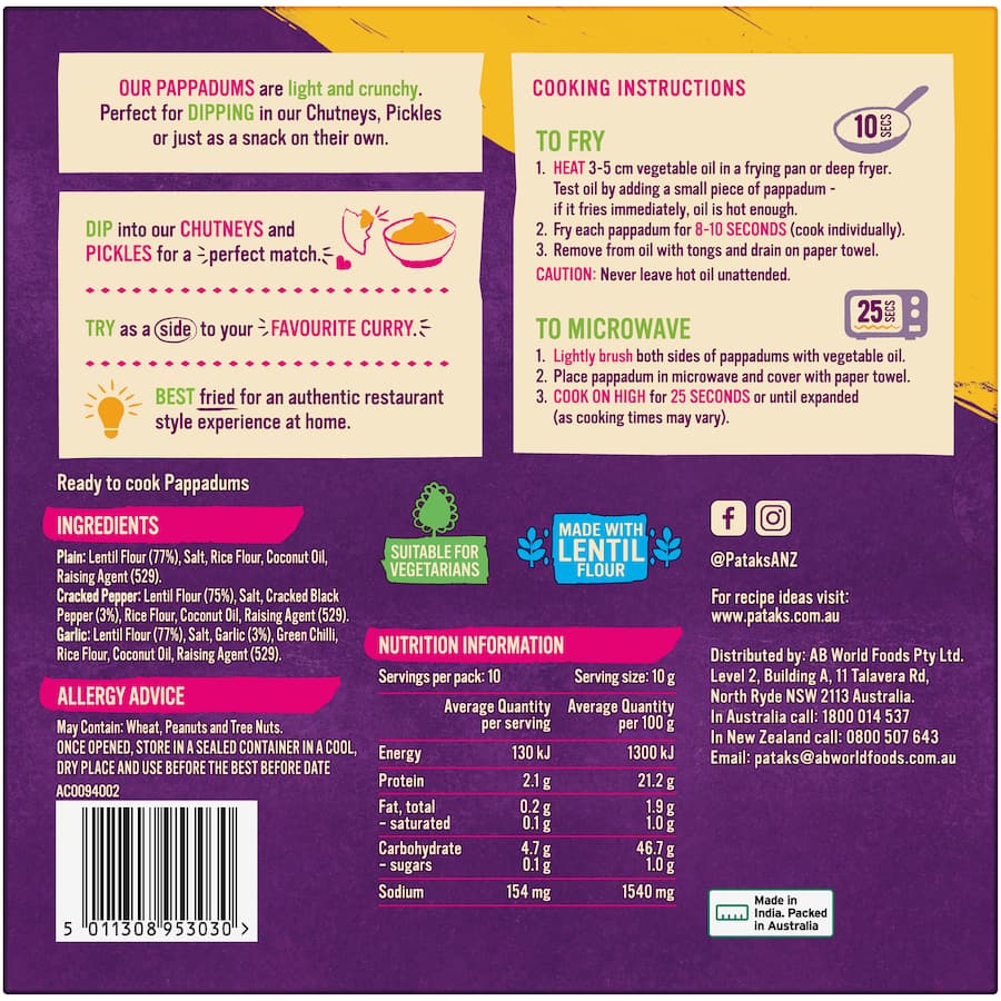 Pataks Pappadums Plain, Cracked Pepper & Garlic 10 pack 100g