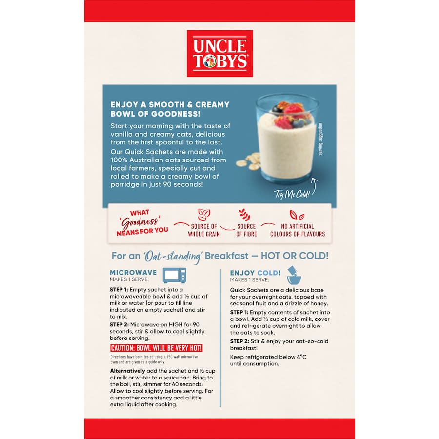 Uncle Tobys Oats Quick Sachets Creamy Vanilla 10 pack 350g