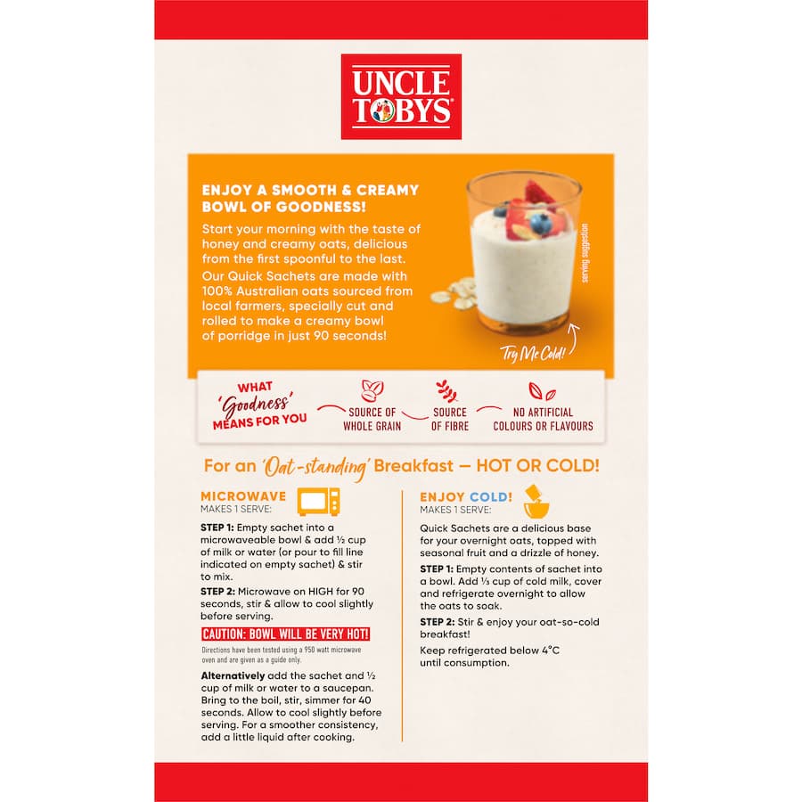 Uncle Tobys Oats Quick Sachets Creamy Honey 10 pack 350g