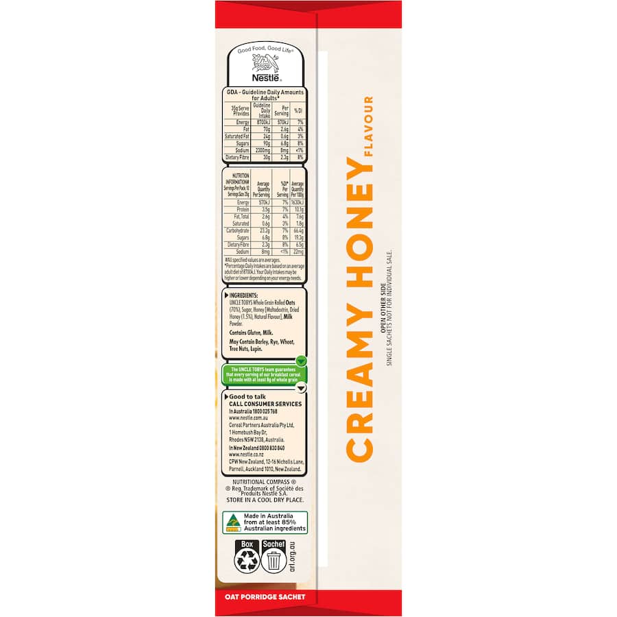 Uncle Tobys Oats Quick Sachets Creamy Honey 10 pack 350g